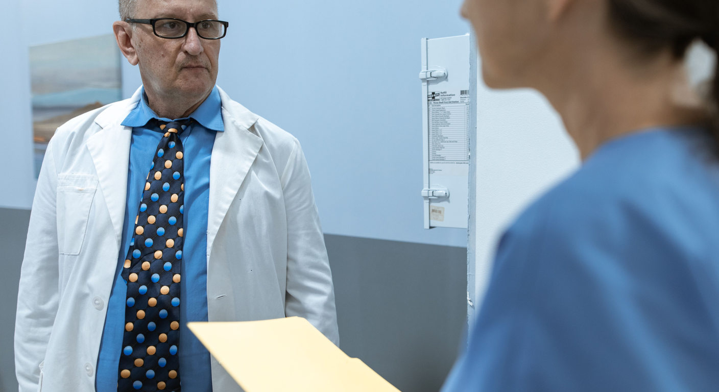 Two healthcare professionals discussing a records folder in a clinic.