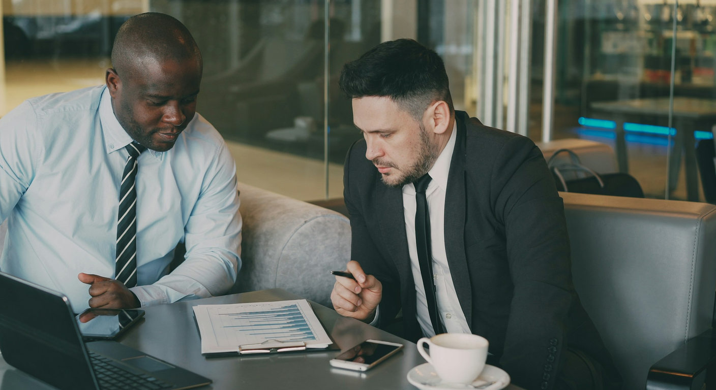 Two business professionals reviewing a chart beside a laptop.